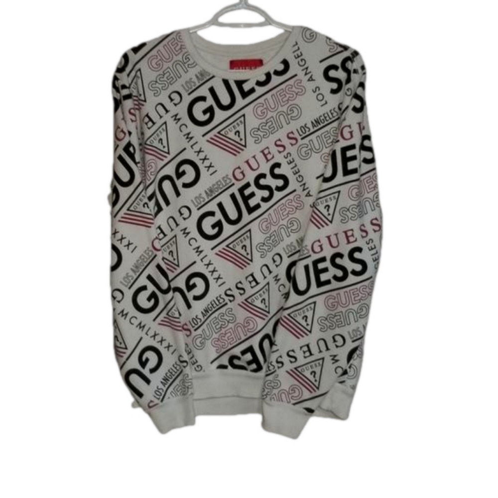 Guess All Over Logo Graphic Crew Neck Sweater Label Reads Size Medium